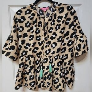 Simply Southern Leopard Gather Blouse with Tassels Size Small